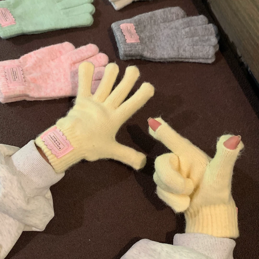 心动马卡龙 纯色针织手套女秋冬学生通勤漏指可触屏骑行保暖手套