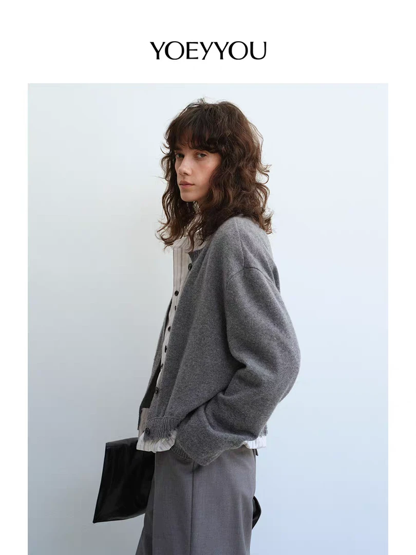 YOEYYOU两件式无领外套2025早春新款灰色短款针织开衫上衣女