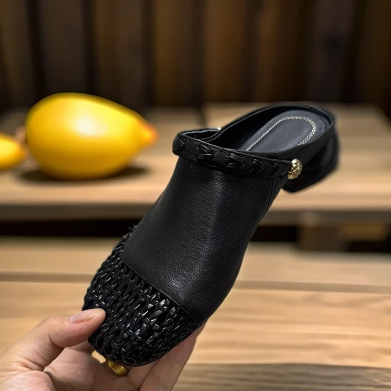 Q57【退货补运费】法式复古镂空编织经典凉鞋单鞋女鞋方头粗跟百搭