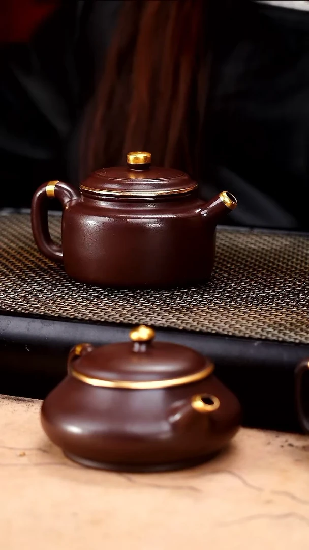 茶壶紫砂四号井茄皮紫泥描金新款薄胎德钟160cc