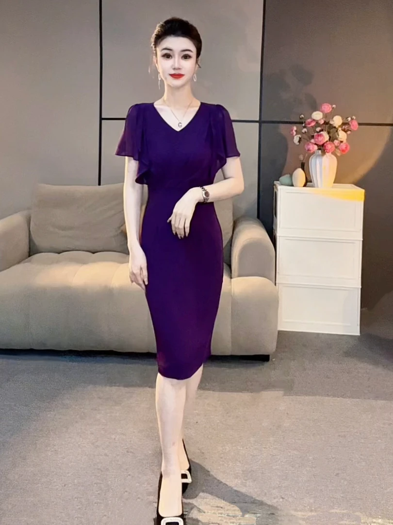 【潼潼严选】夏季新款洋气百搭V领荷叶边修身显瘦连衣裙-0509-2