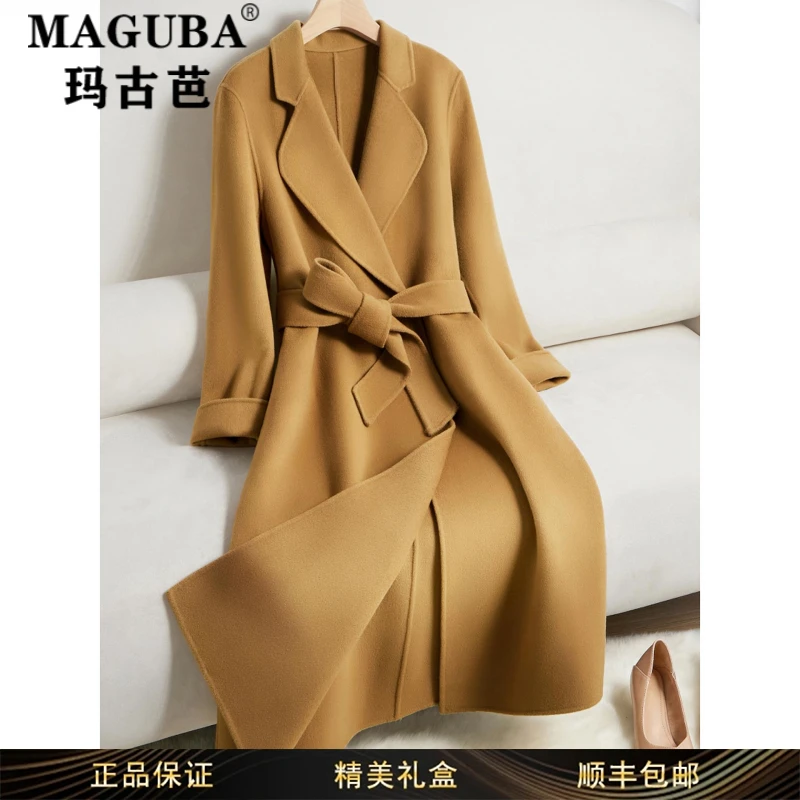 玛古芭女装时尚秋冬新款轻奢毛呢大衣女款简约风宽松系带休闲外套