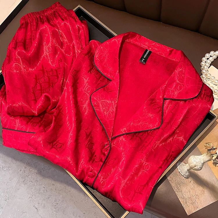 红色真丝睡衣女秋长袖两件套100%桑蚕丝婚庆奢华字母家居服套装