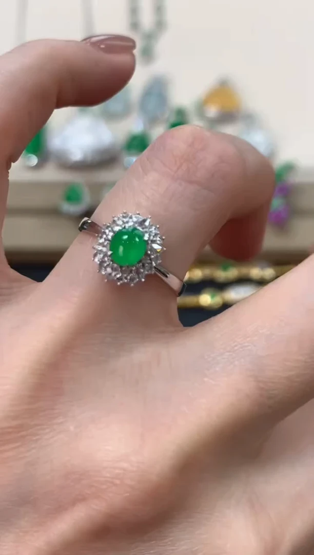 翡翠戒指18K金镶嵌蛋面戒指3800