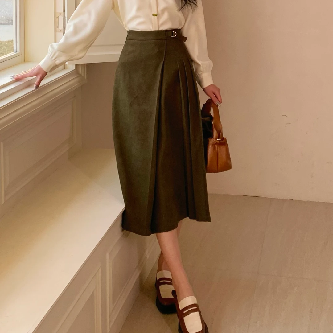 丁佳欣【晚夜】港风复古纯色半身裙显瘦高腰百搭裙子JS1113143