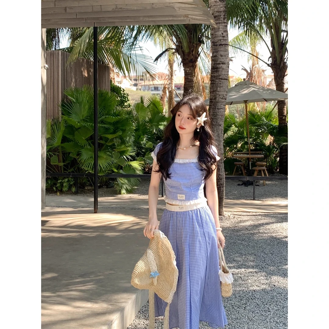【小雪专属】蓝白织梦 法式拼色格子短袖/半裙小套装~
