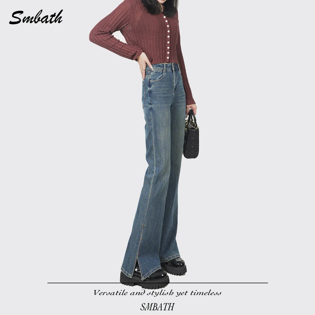 smbath（设计师款）显瘦四面弹抗起皱抗鼓包侧开叉微喇叭牛仔裤女