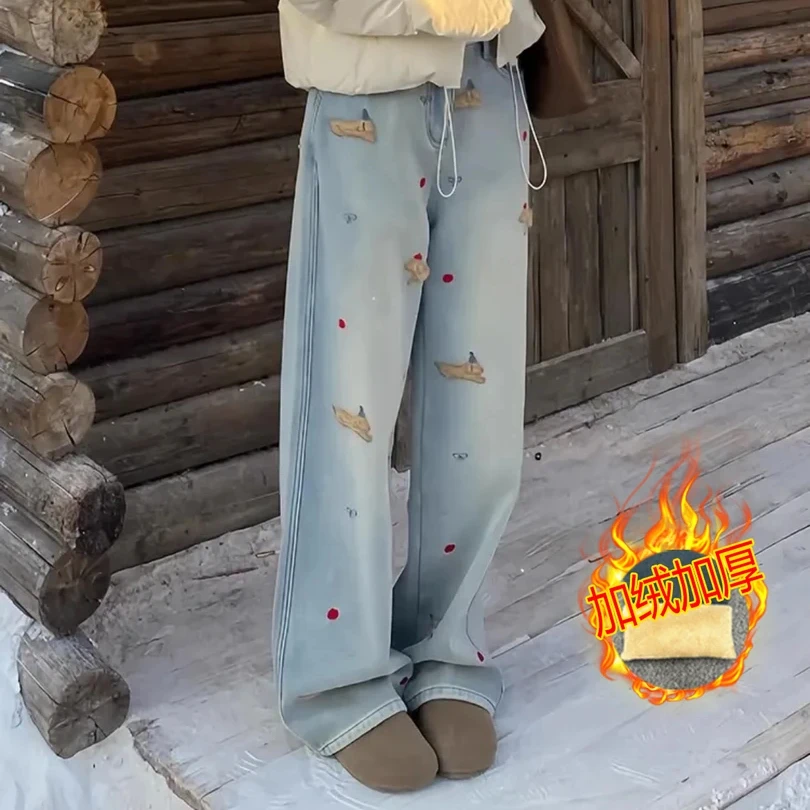 腊肠狗刺绣美式复古阔腿牛仔裤女2024冬季新款高腰宽松显瘦拖地裤
