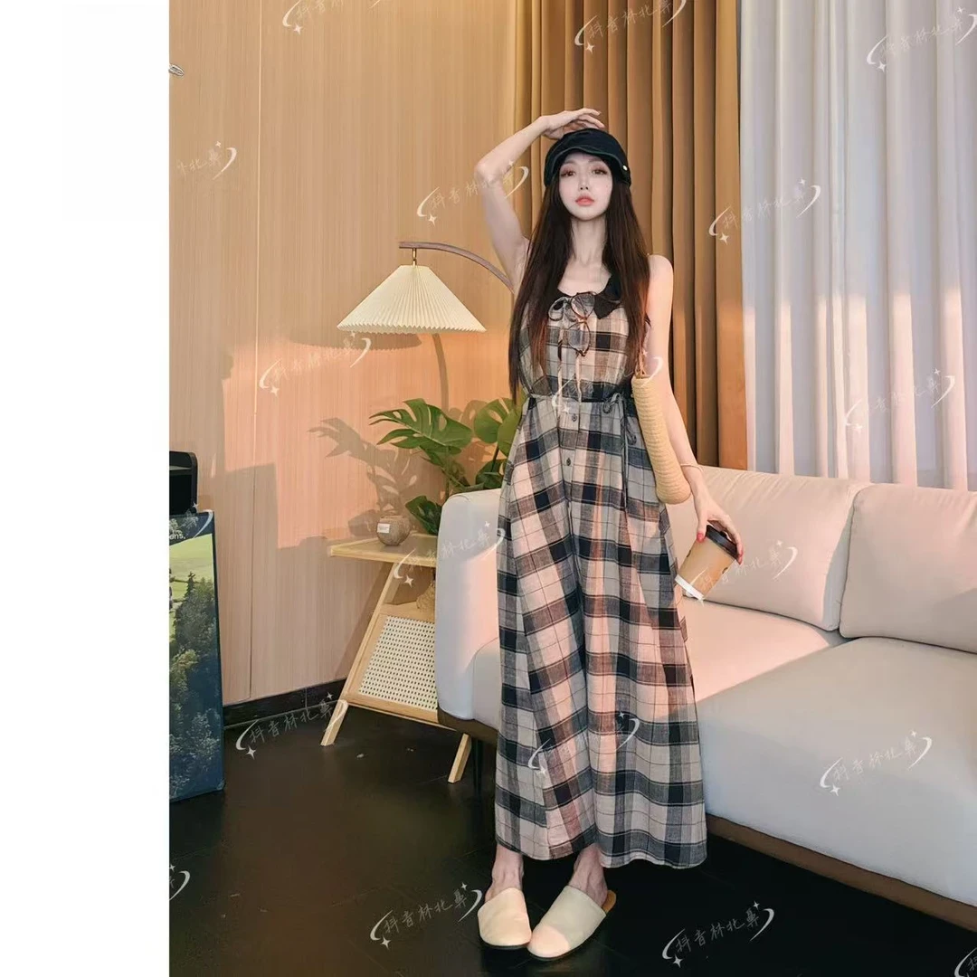 韩单夏日格子显白气质连衣裙1252