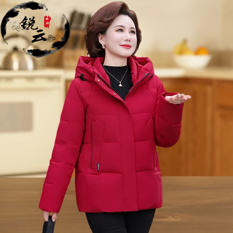 中老年红色羽绒服外套秋冬款加厚连帽冬装中年女装洋气妈妈装上衣