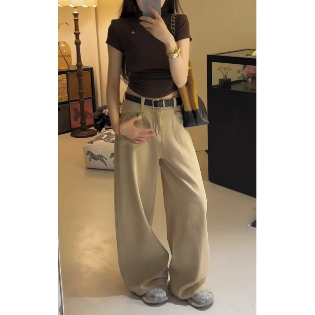 2025早秋新款高腰显瘦松弛感阔腿咖啡色弯刀牛仔裤