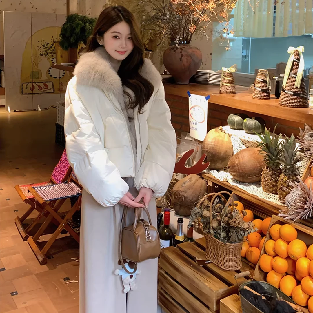 Huangzuozuo小个子毛领拼接羽绒服90白鸭绒面包服短款外套冬季女