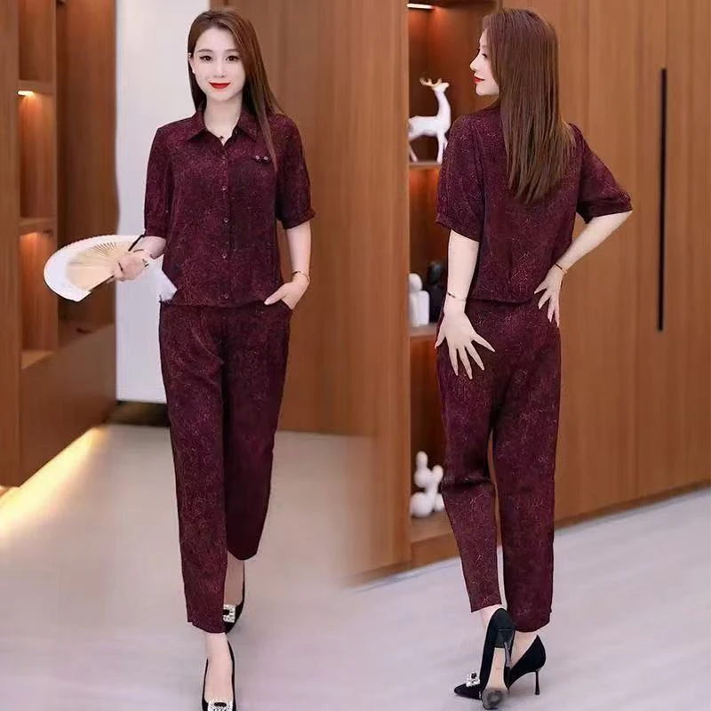 优雅妈妈夏装两件套2025时尚新款洋气显瘦印花中老年九分裤套装