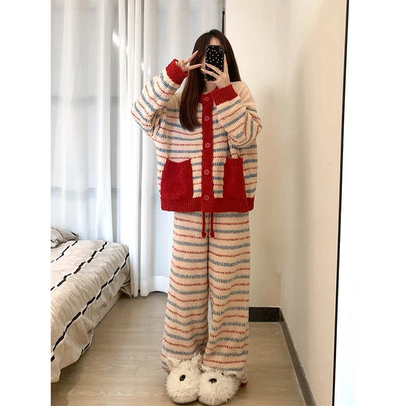 韩版少女亲肤软糯半边绒睡衣女款冬季2025针织开衫长裤家居服套装