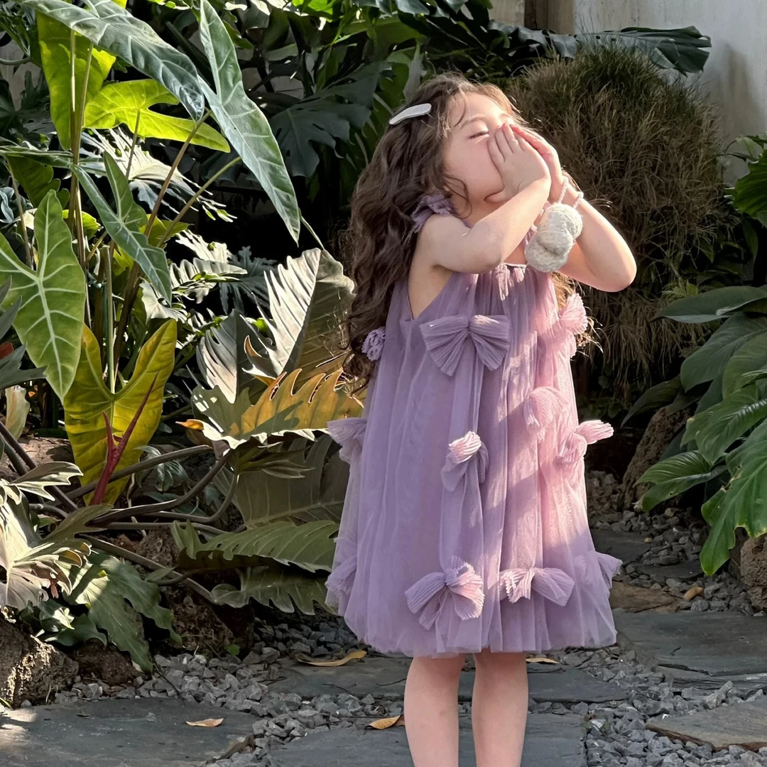 【乐恩baby】2025夏季女童紫色蝴蝶结网纱裙洋气时髦礼服可爱连衣裙