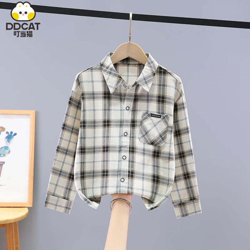 叮当猫男童长袖衬衫春秋装2025新款洋气中大童男孩纯棉格子衬衣潮