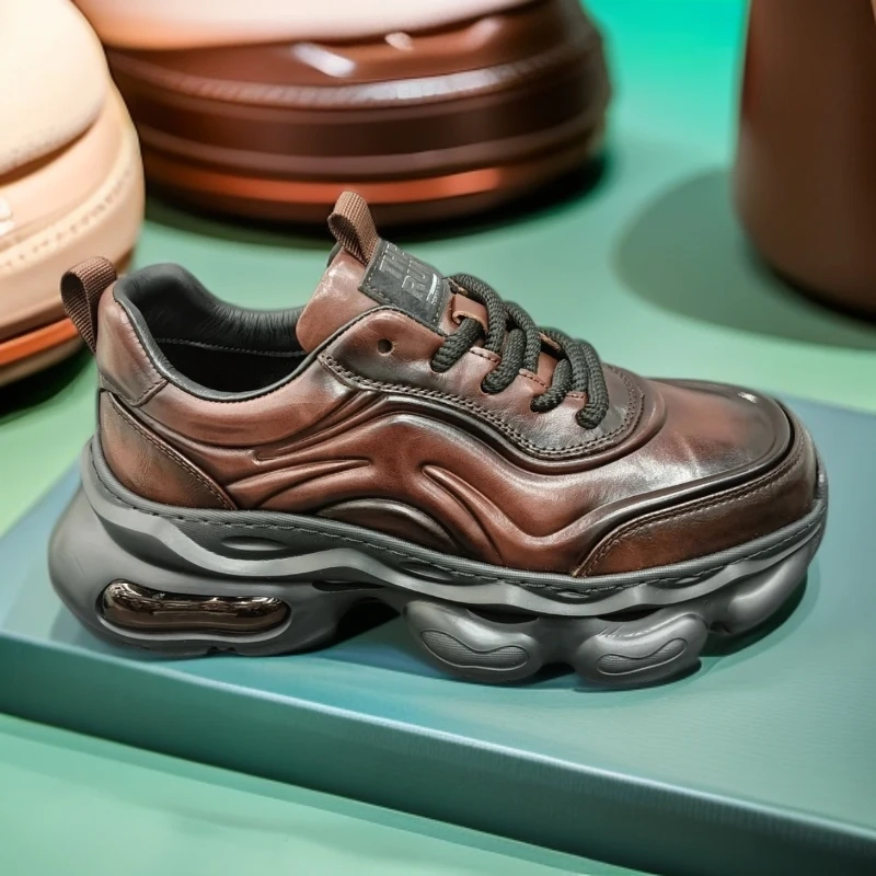 前系带圆头头层牛皮复古系带透气四季休闲皮鞋舒适休闲真皮冬季