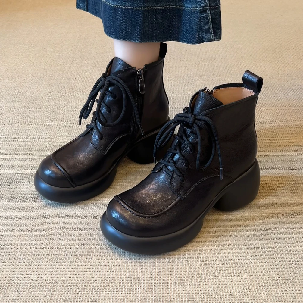 RubyL/6.5cm复古英伦风通勤系带百搭舒适圆头厚底粗跟马丁靴女款