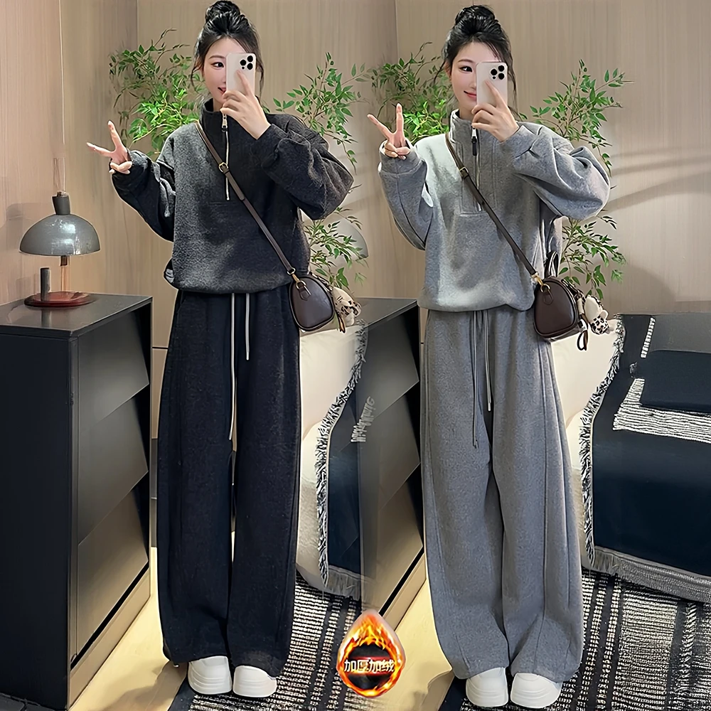 拉夏贝尔加绒加厚时尚套装冬季洋气马甲立领卫衣阔腿裤三件套