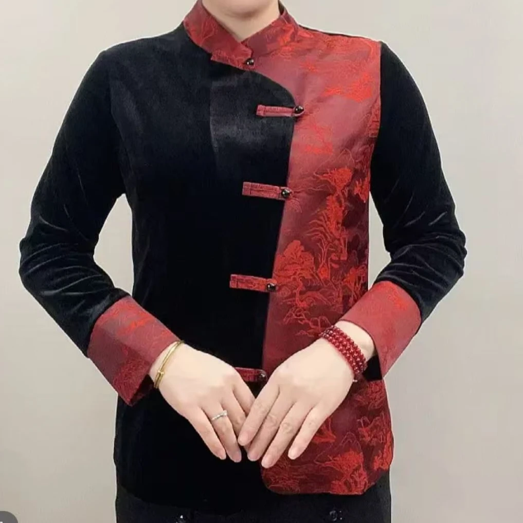 菲扬女装--轻奢女装拼接气质国风新中式盘扣丝绒衫长袖2412款