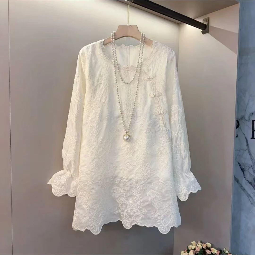 胖妹妹立领钉珠边微喇袖口蕾丝小衫大码女装法式小众设计百搭上衣