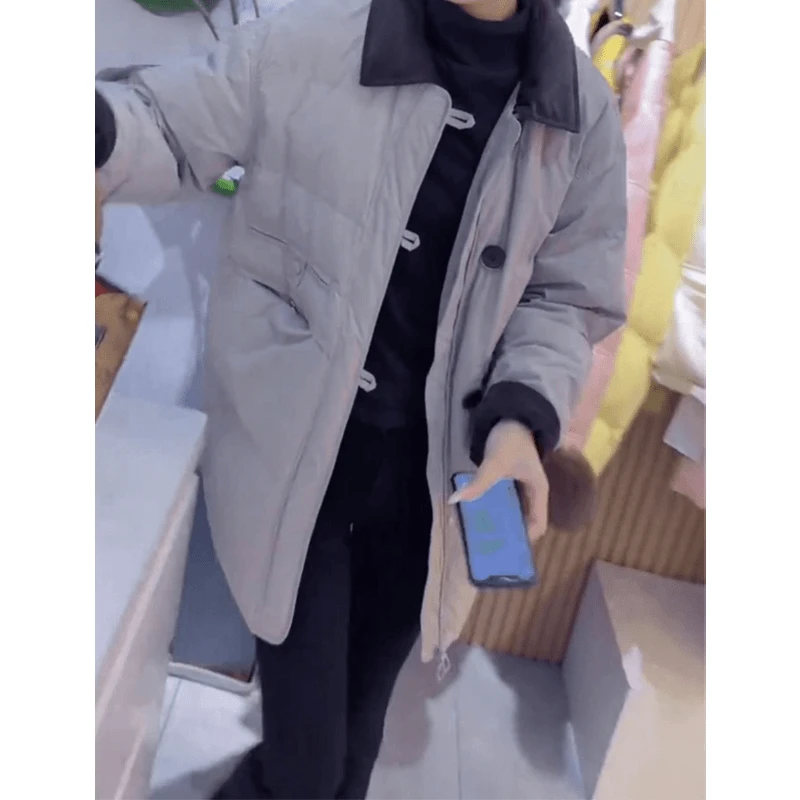 撞色翻领廓形棉服女冬季新款通勤百搭宽松中长款加厚保暖棉衣外套