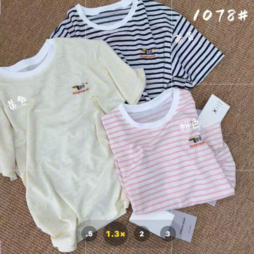 小个子 彩棉点点！25夏季韩代条纹刺绣小狗宽松显瘦短袖T恤