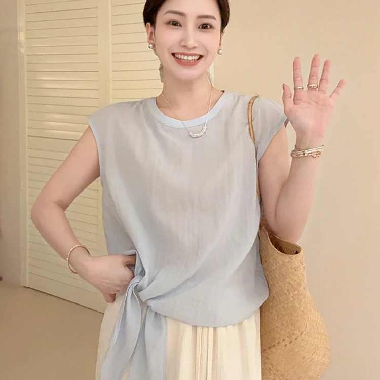 2025韩国东大门气质圆领下摆系带时髦上衣纯色短袖小衫衬衫气质女