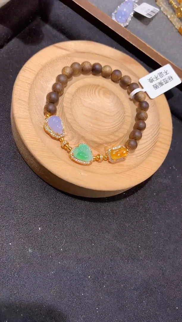 银S925镶嵌手串翡翠绿奇楠沉香手串