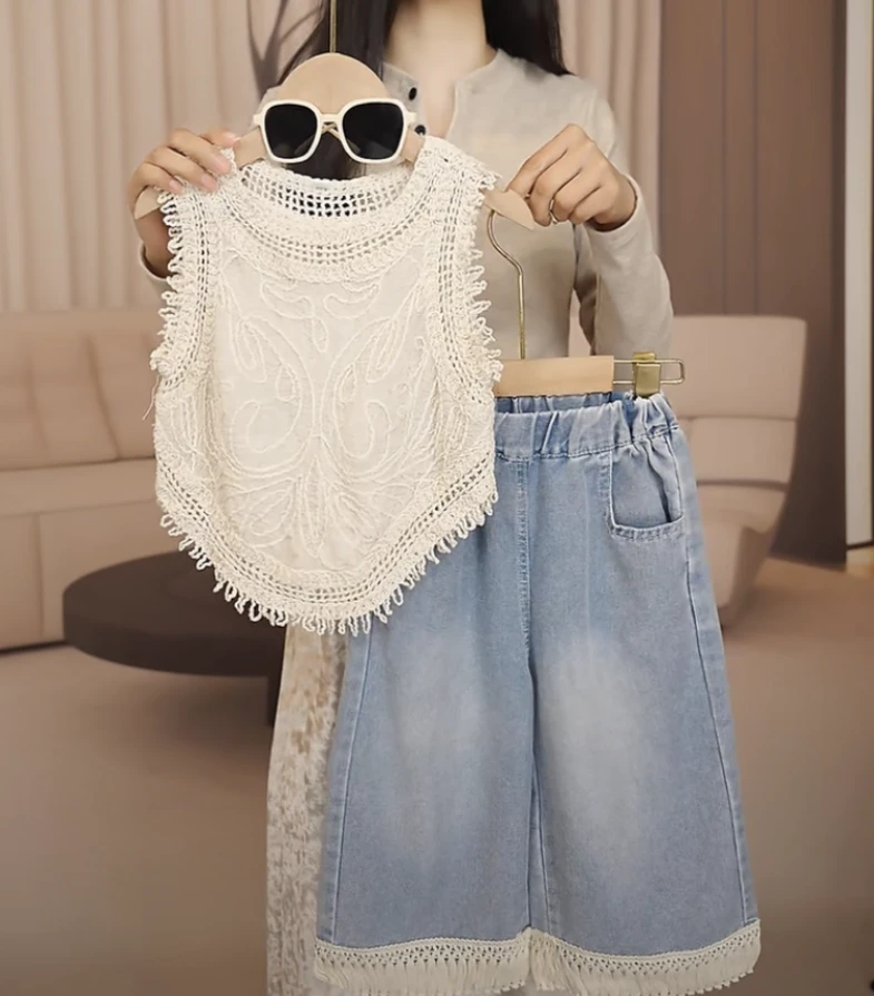 蘑菇酱/女童韩版洋气百搭镂空牛仔套装女孩薄款时尚夏季休闲两件