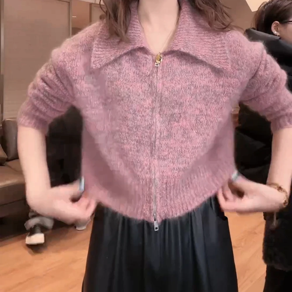 【Jason colors】秋冬新款高级感翻领拉链开衫针织毛衣女短款显瘦