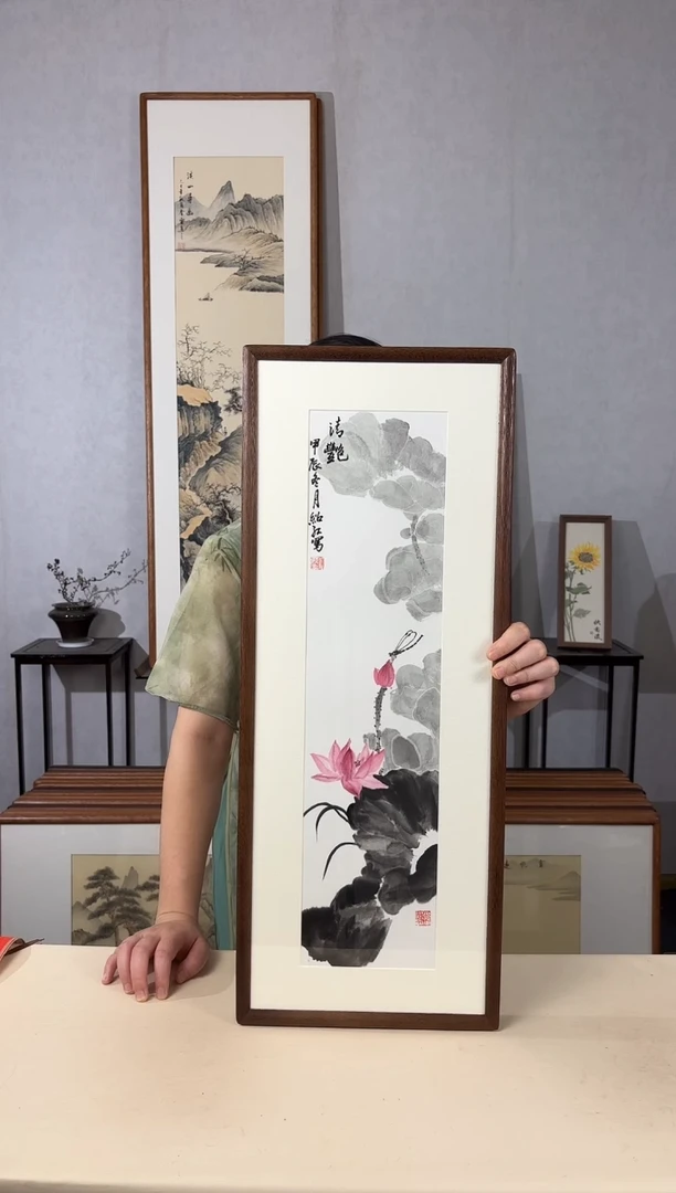 国画手绘*荷花*28*72cm实木框