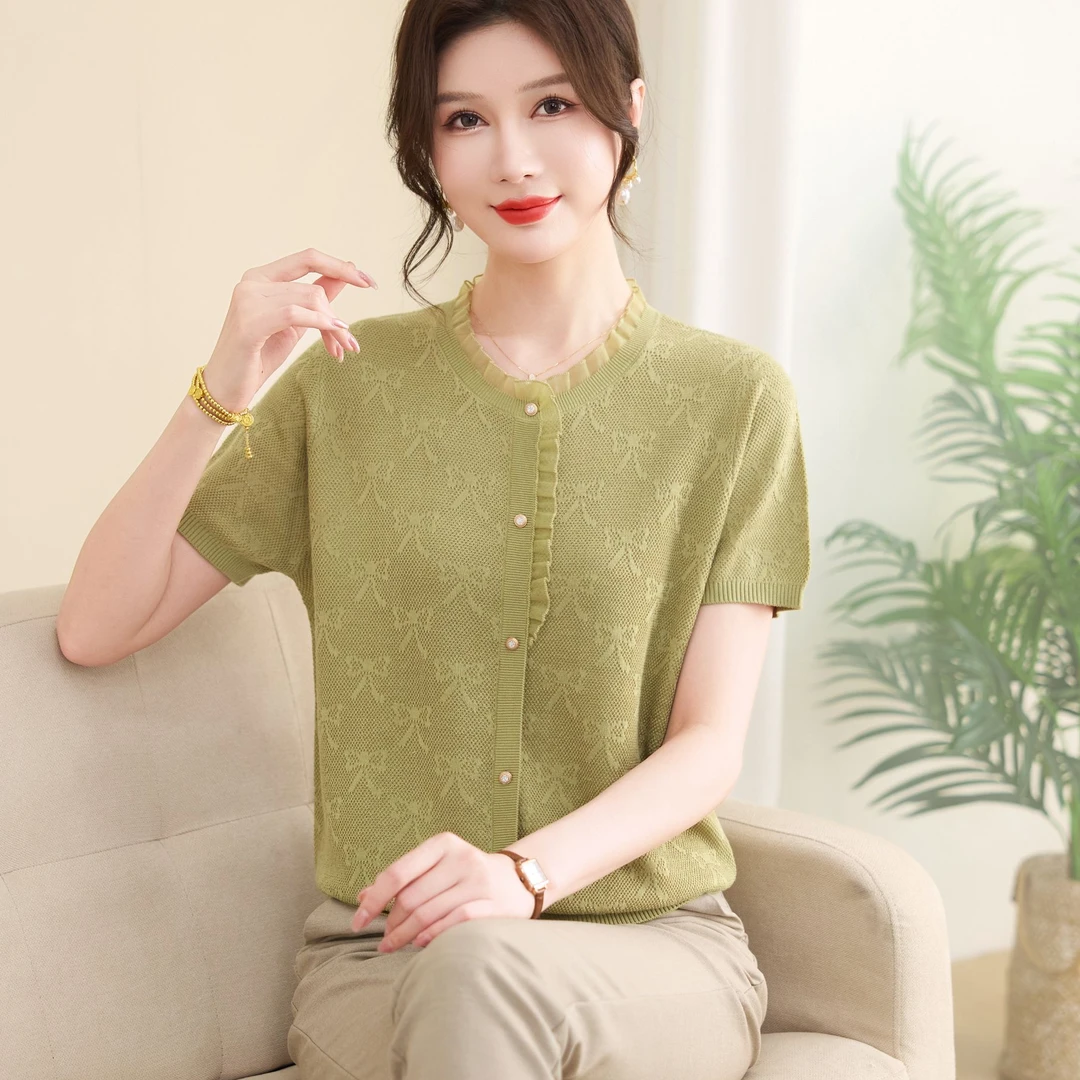2025中老年女装阔太太薄款短袖T恤50岁妈妈夏装新款洋气冰丝上衣