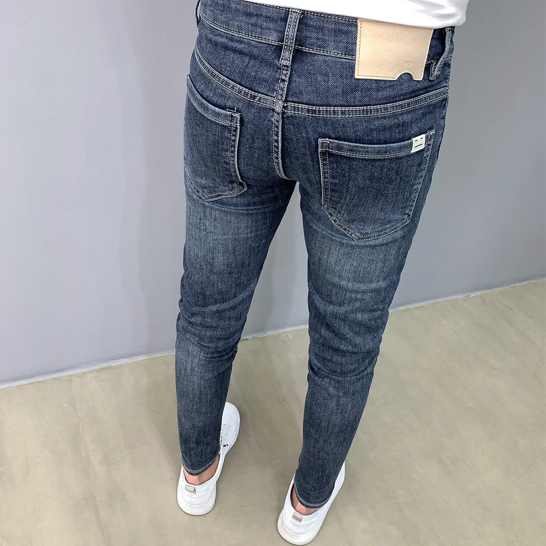 做旧韩版蓝色牛仔裤男秋冬季加厚百搭潮九分修身小脚弹力显瘦长裤