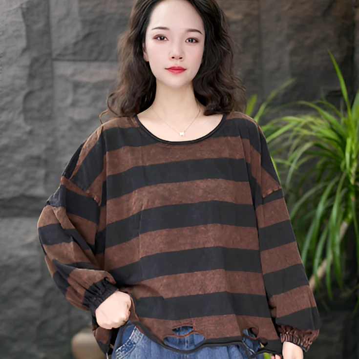 JJ套头新中式格子短款百搭T恤条纹长袖休闲做旧秋季女打底衫宽松