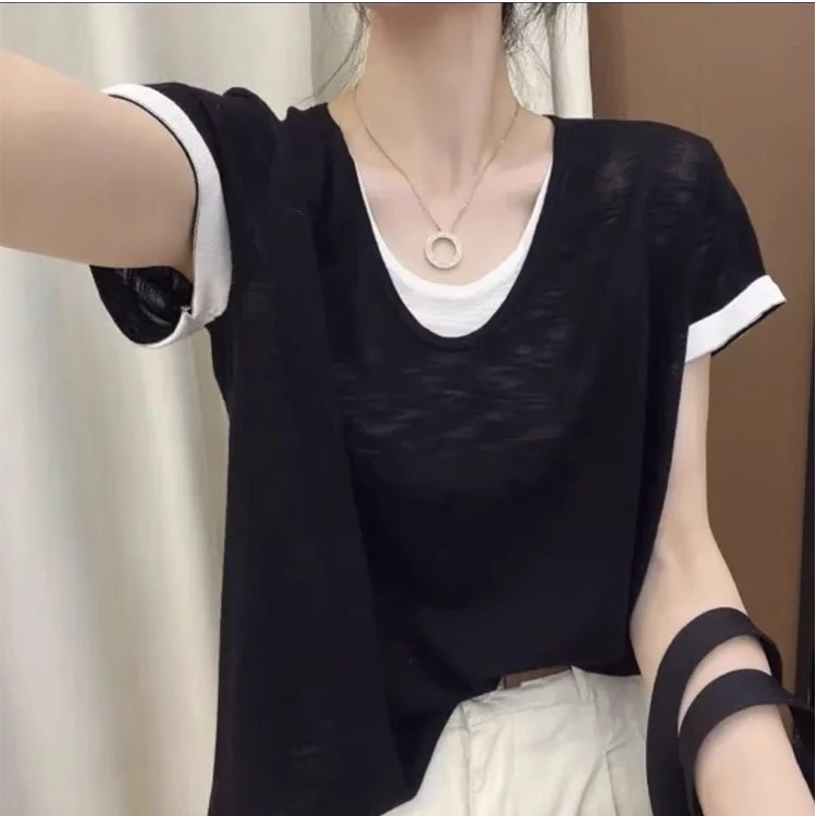 夏季薄款短袖T恤女2025新款宽松显瘦气质百搭黑色V领假两件针织衫