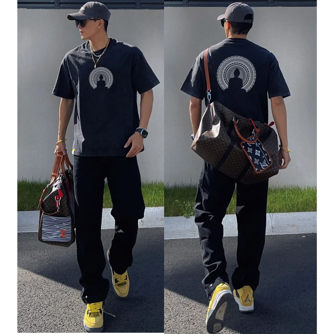 纯棉美式短袖t恤男宽松上衣夏季圆领宽松复古百搭休闲潮流高级感