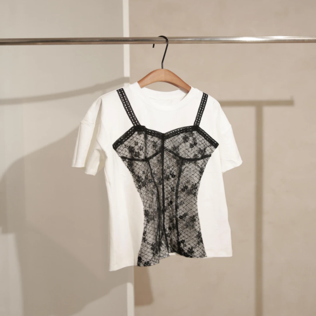 JIAXINXQING美式辣妹风性感蕾丝胸衣印花白色短袖T恤街头休闲上衣
