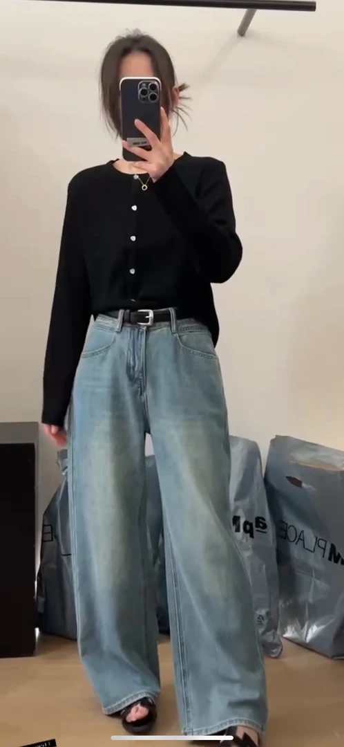 牛仔裤女高腰春季阔腿裤宽松复古显瘦显腿长弯刀裤子