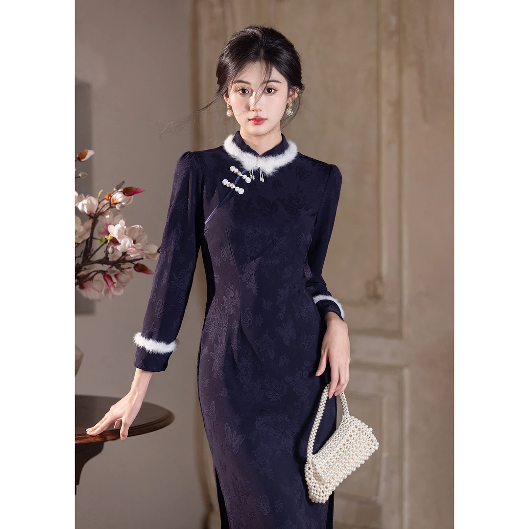 蓝色加绒旗袍2025年秋冬季高级感长袖优雅修身气质显白显瘦日常款