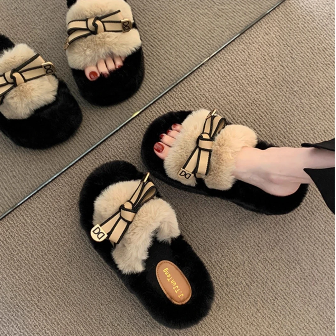 FAVMARTHA 毛毛包头半拖鞋女冬外穿2025年新款厚底坡跟穆勒鞋羊羔
