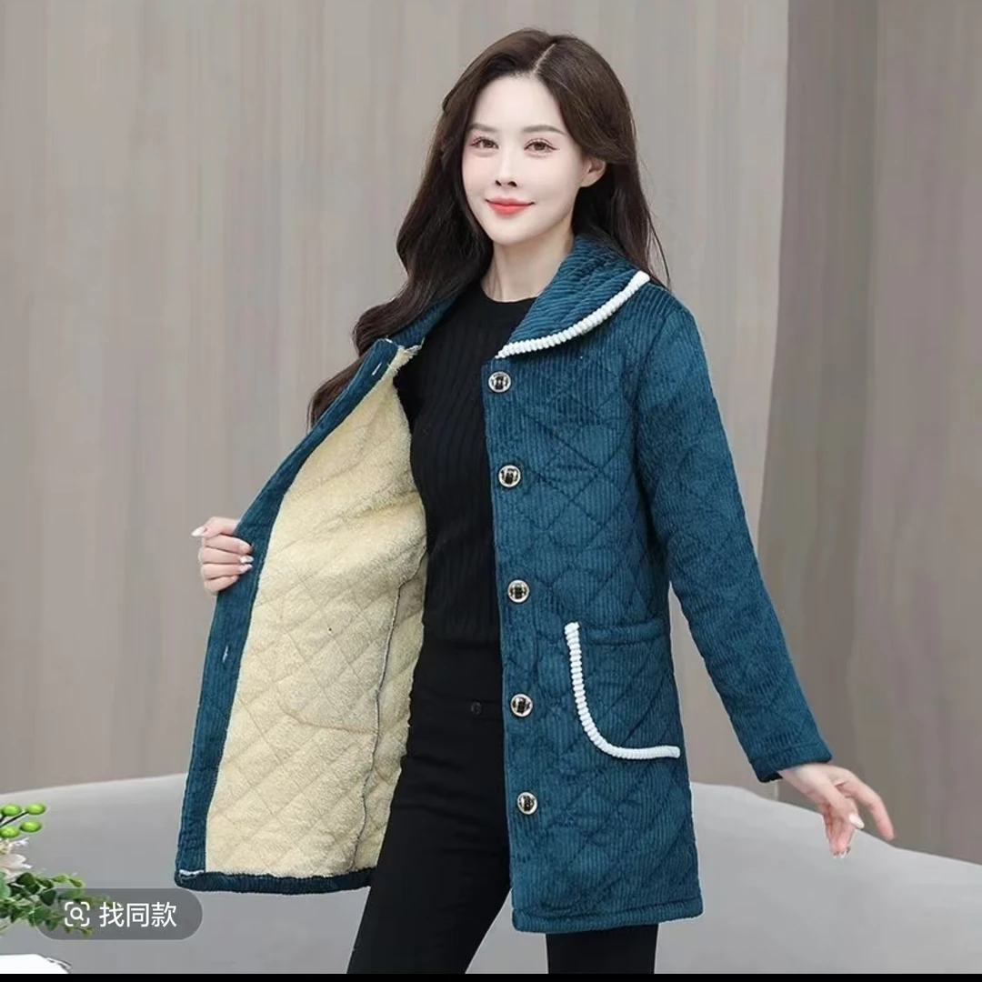 7993中长款翻领加绒保暖棉衣女士纯色家居服时尚休闲外套3号仓