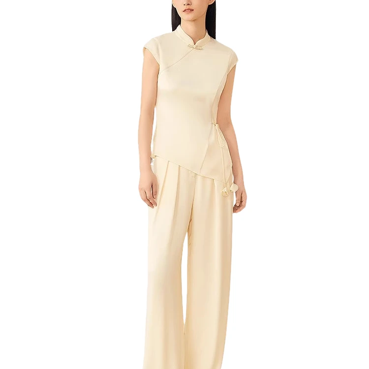 25ss夏季新款缎面高腰阔腿米色休闲裤25k02085