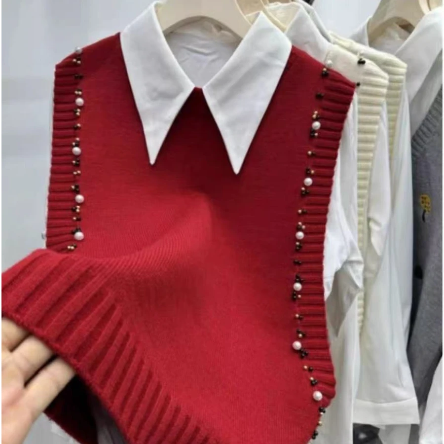红色圆领设计感钉珠叠穿打底针织衫女马甲秋冬季新款洋气别致马夹