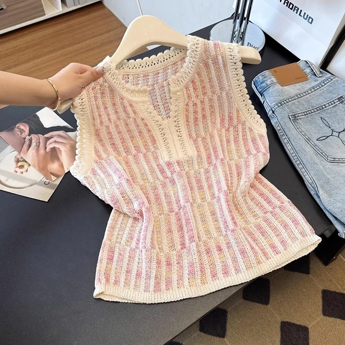 夏季镂空女条纹无袖背心针织薄款毛针织衫女装气质时尚设计感拼接