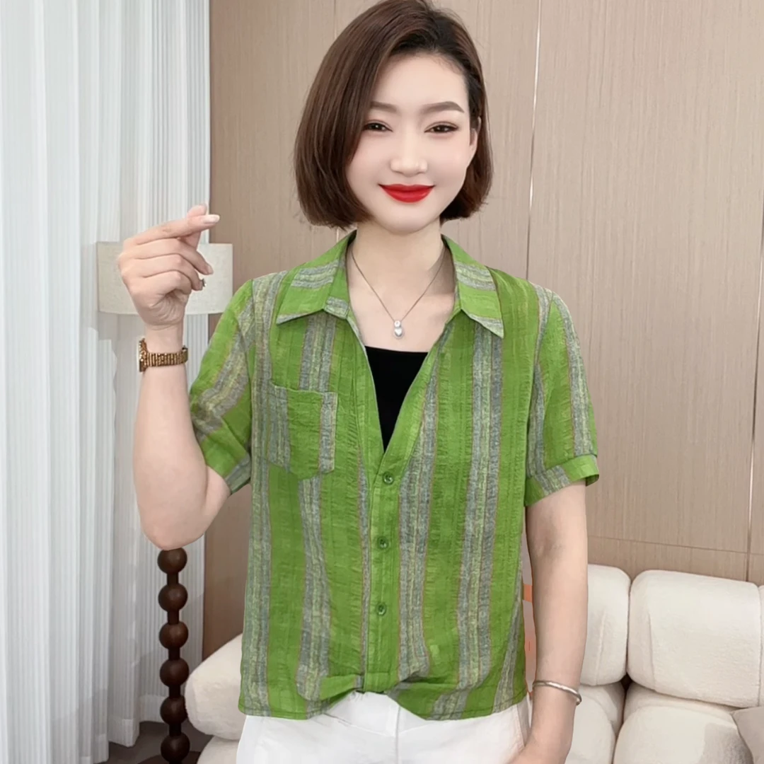 2025夏季时尚洋气新款设计感条纹黑花百搭显瘦减龄短袖P2121