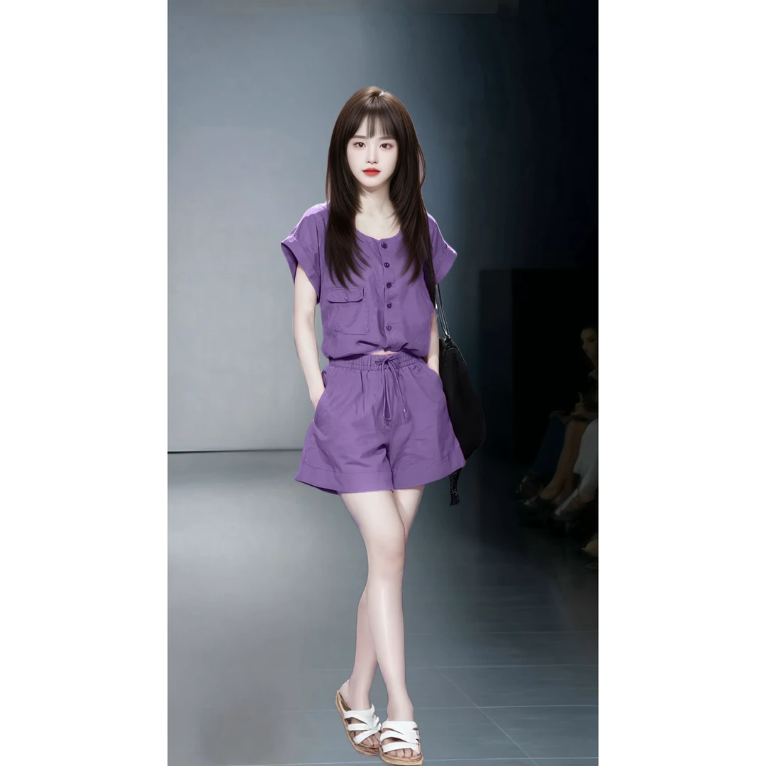 2025新款炸街紫色衬衫短裤两件套装高级感减龄夏装网红搭配一整套