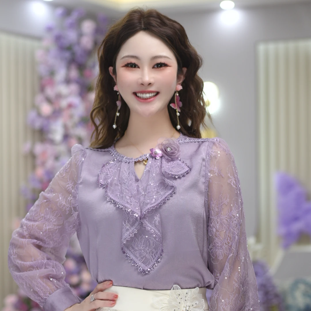 米娅 春季新款洋气减龄纯色衬衫蕾丝设计重工高级感上衣女 DY5686