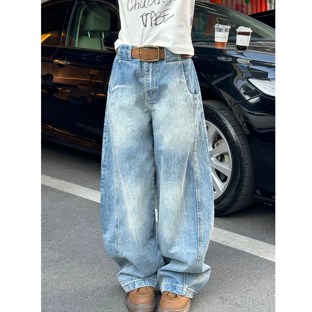 美式高街复古水洗弯刀牛仔裤女2025新款高腰宽松显瘦长裤潮0945#