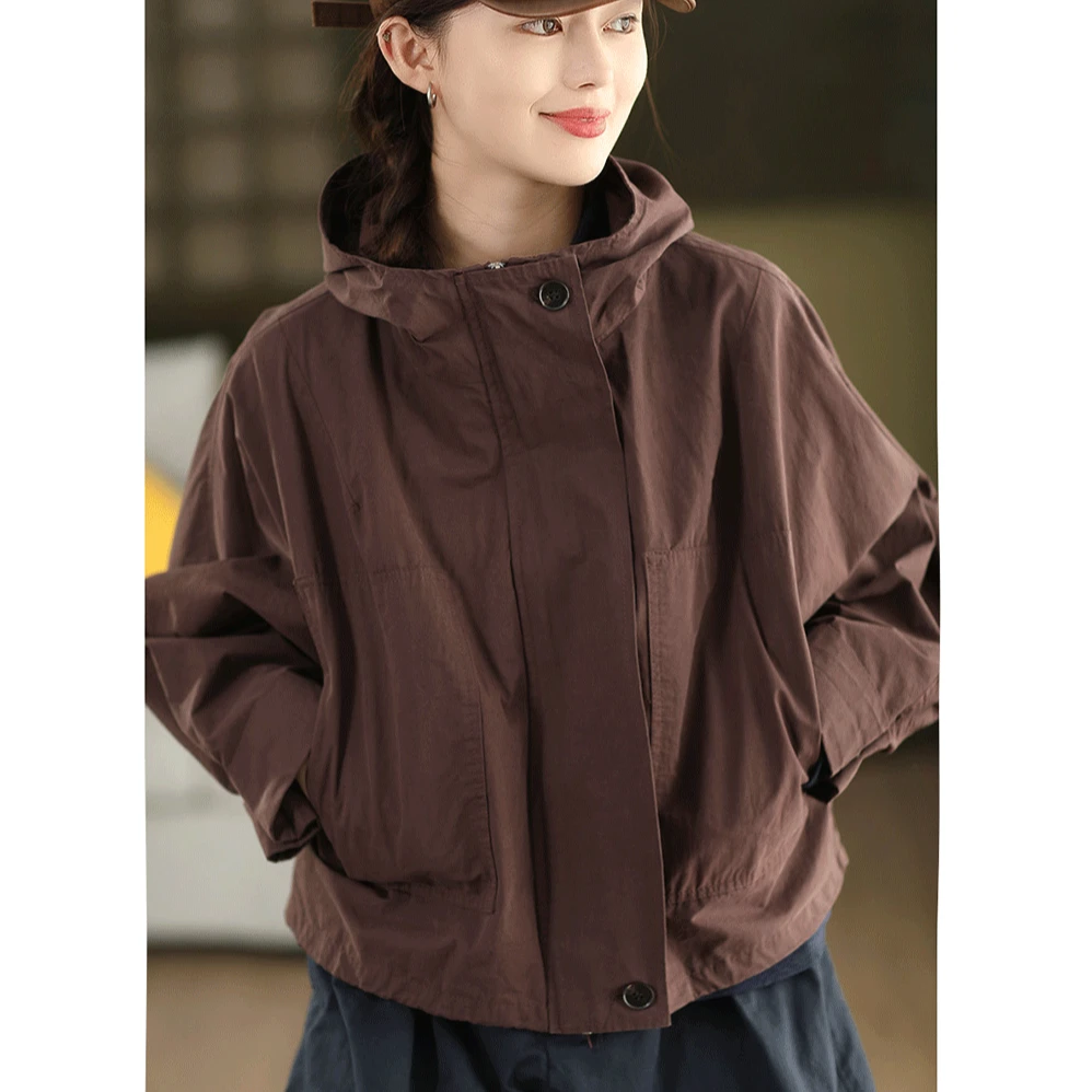 100%棉文艺复古连帽风衣外套女宽松休闲显瘦抽绳摆开衫外搭夹克衫